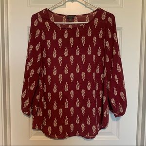 🩵41 Hawthorn 3/4 Sleeve Burgundy Feather Print Blouse